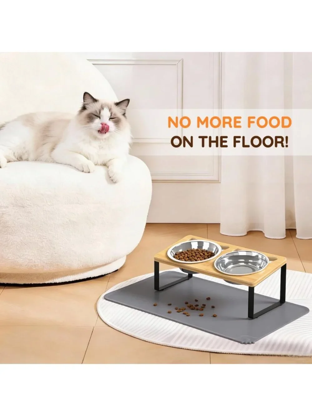 Elevated Stainless Steel Cat Bowls with Mat - Anti-Vomiting, Whisker Fatigue